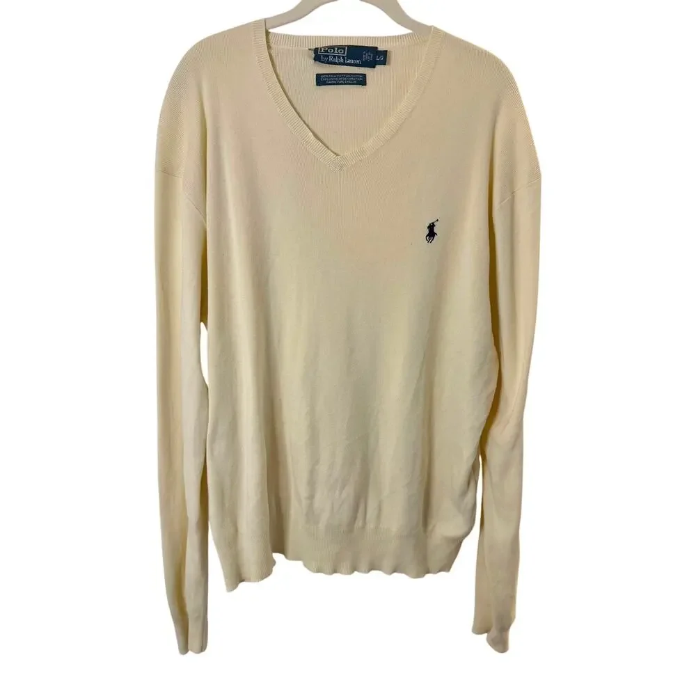 Vintage Polo Ralph Lauren V-neck Pima Cotton Knit Sweater in Cream Men's sz. L